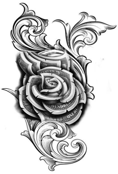 Money Rose Tattoo, Dark Roses Tattoo, Dollar Tattoo, Rose Tattoo Stencil, Chicanas Tattoo, Abstract Tattoo Ideas, Abstract Tattoos, Medusa Tattoo Design, Rose Drawing Tattoo