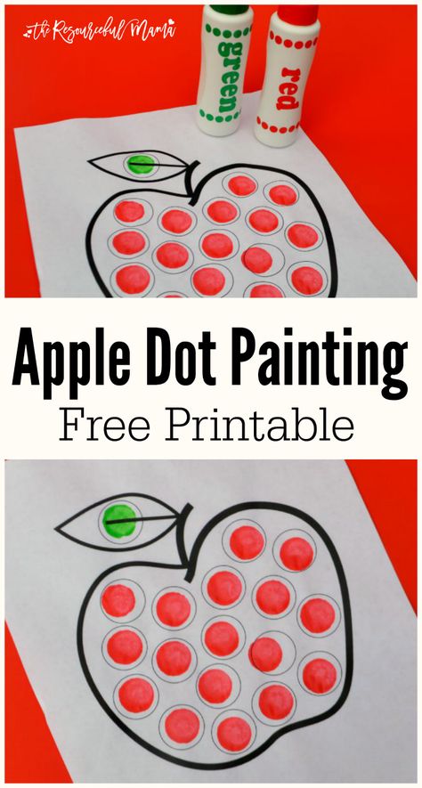 This free pintable apple dot painting worksheet uses Do a Dot Markers, bingo markers, or pom poms to create a fun and easy back to school or fall project. toddlers|preschoolers|hand-eye coordination Apple Circle Time Activities, September Arts And Crafts Preschool, Apple Dot Painting, Painting Worksheet, Preschool Apples, Apple Lesson Plans, Apple Week, Preschool Apple Theme, September Preschool