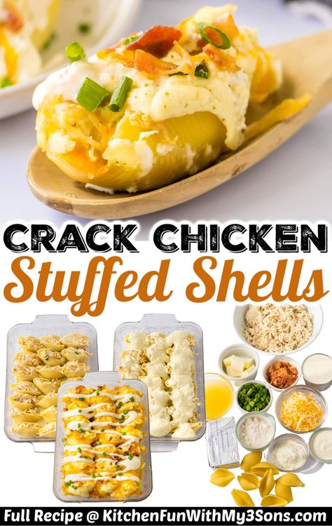 These Crack Chicken Stuffed Shells make the perfect dinner that the entire family will love. Creamy ranch chicken mixed with cheese, bacon, and scallions stuffed into shells. Unique Stuffed Shells, Cheesy Ranch Chicken Pasta, Cheesy Ranch Chicken, Ranch Chicken Pasta, Stuff Shells, Stuffed Recipes, Creamy Ranch Chicken, Chicken Stuffed Shells, Chicken Ranch Pasta