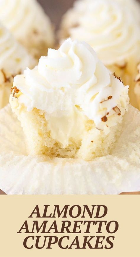 Tasty Cupcakes Recipes, Amaretto Frosting Recipe, Almond Liquor Recipes, Almond Wedding Cupcakes, White Cupcake Flavors, White Chocolate Amaretto Cake, Almond Cupcakes Recipes, Almond Flavored Cupcakes, Almond Amaretto Cupcakes