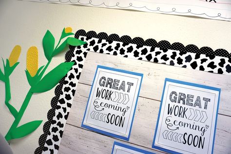 Cow Print Border, Cow Print Classroom, Fun Bulletin Boards, Farm Classroom Theme Decor, Farm Bulletin Board, Infant Room Daycare, Farm Classroom Theme, Creative Teaching Press, Welcome Students