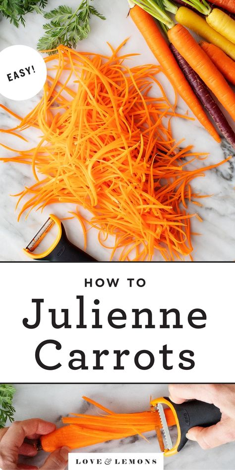 Learn how to julienne carrots 2 ways! Using a knife or peeler, make crisp, delicate carrot matchsticks that are delicious in salads, stir fries, and more. | Love and Lemons #carrots #howto #julienne #vegetables Julienne Carrots Recipe, How To Julienne Carrots, How To Cut Carrots, Julienne Carrots, Lemons Recipes, Julienne Vegetables, Steamed Bao Buns, Matchstick Carrots, Julienned Carrots