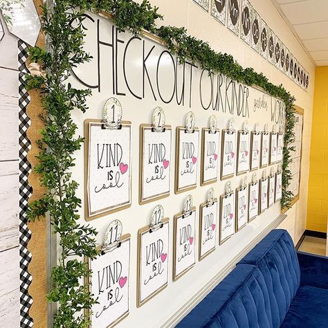 Check out our Kinder”garden” work 🌿. I am so happy I finally got the clipboards to stay up! I love the greenery as my border on this whiteboard and @confettiandcreativity posters, alphabet set and numbers! Click on the photo to see where everything i Student Work Bulletin Board, Garden Theme Classroom, Kindergarten Classroom Setup, Plants Classroom, Classroom Whiteboard, Teaching Classroom Decor, Classroom Borders, Bee Classroom, Classroom Makeover