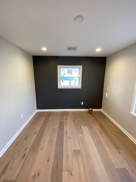 Sherwin Williams Crushed Ice - Peppercorn (Accent Wall) Grey With Black Accent Wall, Grey Wall With Black Accent Wall, Accent Wall Basement Paint, Dark Accent Wall With Window, White Room Black Accent Wall, Bedroom Color Accent Wall, Grey Accent Wall Office, Basement Dark Accent Wall, Accent Wall Mens Bedroom