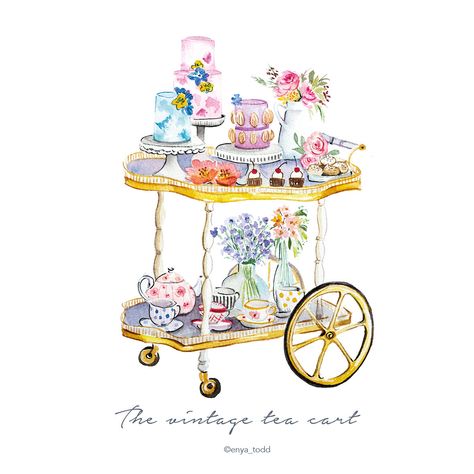 Tea Party Watercolor, Vintage Tea Cart, Craft Room Closet, Beach Theme Wedding Cakes, Prima Watercolor, Teapot Cake, Art Display Kids, 3 Tier Wedding Cakes, Photoshop Ideas