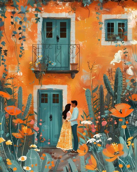 Mexican Courtyard Kiss Poster | Romantic Couple Sharing a Gentle Moment | Cultural Art Print Mexican Art Traditional, Mexican Courtyard, Mexican Summer, Kiss Poster, Mexican Folk Art Painting, Tender Kiss, Mexican Architecture, Beautiful Mexico, Mexican Artwork