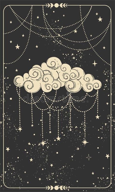 Tarot Card with Ornate Cloud. Magic Card, Boho Style Design, Witch Card, Prediction, Mystical Hand Symbol on Black Stock Vector - Illustration of moon, tattoo: 221176247 Black Mystical Art, Tarot Card Clouds, Witchy Design Aesthetic, Night Aesthetic Tattoo, Tarot Card Illustration Design, Magic Design Illustration, Tarot Style Art, Moon Tarot Card Aesthetic, Tarot Card Back Design