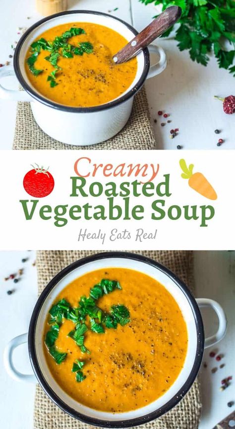 Creamy Roasted Vegetable Soup- This creamy roasted vegetable soup is bursting with firey rich flavors from the and a smooth pureed texture. Filled with carrots, tomato, zucchini, and more, this soup is the perfect comforting yet nutritious lunch or dinner for cold rainy days. And the best part is that it's easy to prepare! It's suitable for vegan, paleo and dairy free diets. #soup #healthy via @healyeatsreal Paleo Soups, Roasted Vegetable Soup, Nutritious Lunch, Paleo Soup, Soup Healthy, Pureed Soup, Roasted Vegetable, Vegetable Soup Recipes, Veggie Soup