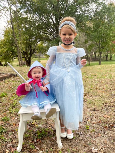 Family Costumes With 2 Daughters, Fun Sister Halloween Costumes, Cinderella And Pumpkin Costume, Family Fairy Costumes, Cinderella Costume Family, Fair Godmother Costume, Disney Sisters, Sister Toddler Halloween Costumes, Sister Princess Halloween Costumes