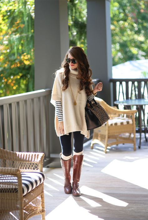 Shop this look on Lookastic:  https://lookastic.com/women/looks/poncho-crew-neck-sweater-leggings/13993  — Beige Poncho  — White and Navy Horizontal Striped Crew-neck Sweater  — Dark Brown Leopard Leather Tote Bag  — Black Leggings  — Beige Knee High Socks  — Brown Leather Knee High Boots Work Appropriate Outfits, Brown Leather Knee High Boots, Urban Jeans, Poncho Pullover, Boating Outfit, Ideas Outfit, Outfit Trends, Women Sweater, Outfit Winter