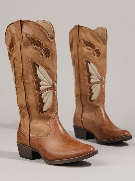 Introducing the Butterfly Mariposa Boots by Matisse. These unique boots are western-inspired with a delicate butterfly embroidery pattern. The stacked heel and pointed toe add a touch of femininity, while the durable construction ensures they'll last season after season. Boots For Church, Cheapest Cowgirl Boots, Black Embroidered Cowboy Boots, Business Casual Cowgirl Boots, Western Inspired Boots, Butterfly Cowgirl Boots, Boots And Lace Theme Party, Butterfly Boots Cowboys, Cowgirl Boot Design