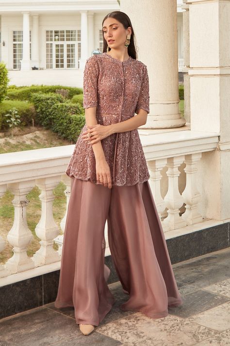 Indo Western Outfits For Women, Kurta And Sharara Set, Kurta And Sharara, Kurta And Palazzo, Sharara Designs, Western Dresses For Women, Trendy Outfits Indian, Organza Embroidery, Latest Bridal Dresses