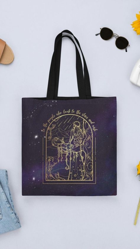 Tote bag with galaxy pattern and artwork of Feyre Archeron sitting on a tree watching Starfall and Velaris at a distance. The text on the tote reads "To the people who look to the stars and wish." The Night Court Aesthetic, Feyre Archeron, Acotar Series, Court Of Thorns And Roses, A Court Of Mist And Fury, Sarah J Maas, Sarah J, Book Lovers Gifts, Book Worms