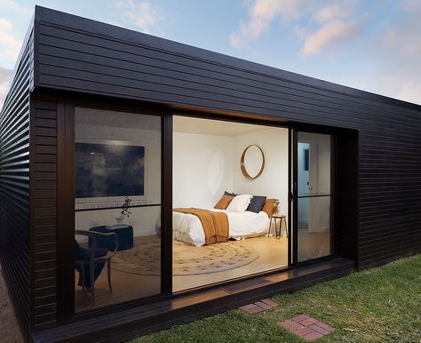 FRONT: Vertical Western Red Cedar + Colorbond SIDES: Colorbond on both sides and rear Wall Nook, Modular Garden, Garden Cabins, Backyard Studio, Double Sliding Doors, Outdoor Living Rooms, House Extension Design, Casa Container, Garden Rooms