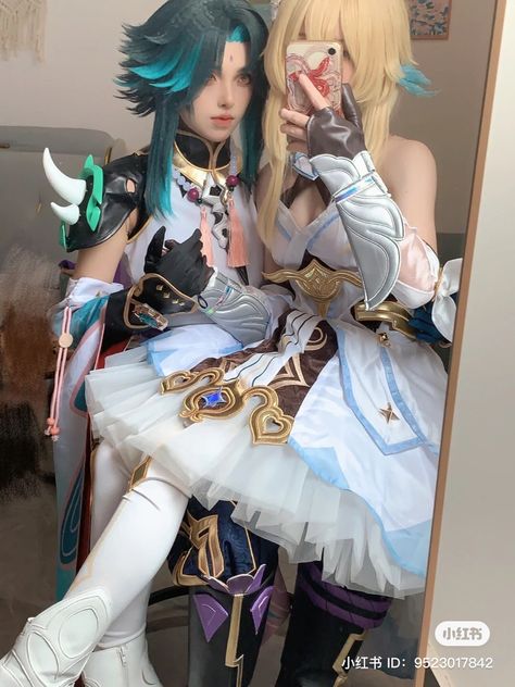 Genshin Cosplay Outfit, Paimon Cosplay, Xiao And Lumine, Lumine X Xiao, Matching Cosplay, Lumine Cosplay, Xiao Cosplay, Genshin Cosplays, Anime Fanart Drawing