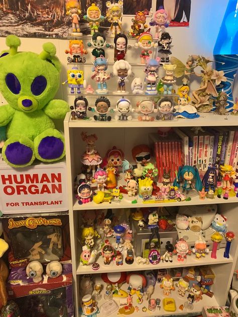 Plush Collection Room, Toy Collection Room Ideas, Figure Room Ideas, Cute Shelf Ideas, Tamagotchi Plush, Dino Hello Kitty, Pop Mart Figures, Book And Bed, Figure Room