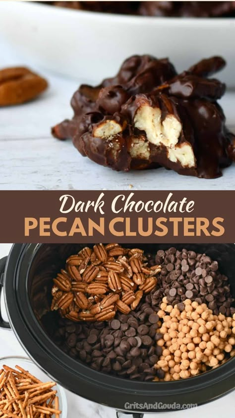 Chocolate Caramel Pecan Clusters Slow Cooker, Chocolate Pecan Carmel Clusters, Pecan Delights Candy, Chocolate Pecan Turtle Clusters Candy Recipes, Chocolate Pecan Candy Recipes, Chocolate Pecan Turtle Clusters Easy, Dark Chocolate Clusters, Chocolate Pecan Clusters Candy Recipes, Chocolate Pecan Clusters Easy