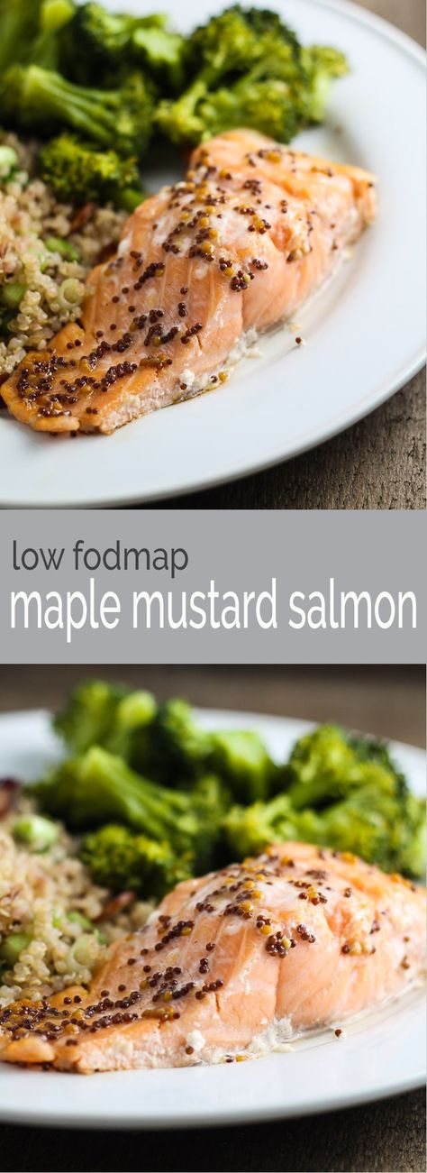 Ready in 20 minutes, Low Fodmap Maple Mustard Salmon is not only quick and delicious, but it's also low fodmap and gluten free! Fodmap Salmon, Maple Mustard Salmon, Low Fodmap Dinner Recipes, Low Food Map, Fodmap Dinner Recipes, Low Fodmap Dinner, Fodmap Dinner, Low Fodmap Meals, Low Fodmap Recipes Dinner