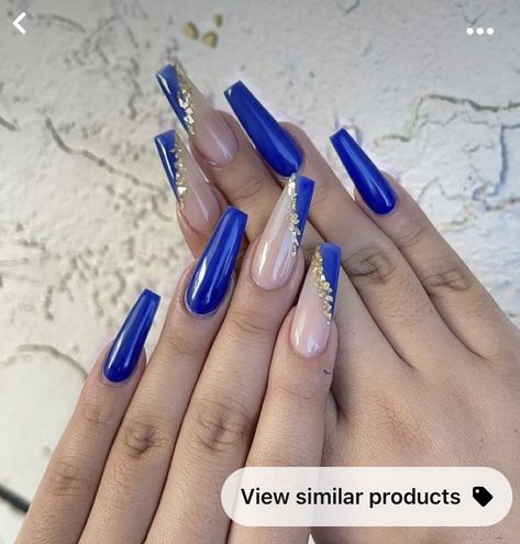 Blue Gold Nails, Blue Prom Nails, Quince Nails, Blue And Silver Nails, Blue Coffin Nails, Royal Blue Nails, Gold Acrylic Nails, Dark Blue Nails, Navy Nails