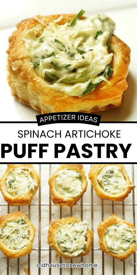 Spinach and Artichoke Puff Pastry Appetizers.These Spinach and Artichoke Puff Pastry Cups are an easy appetizer recipe that looks elegant but is effortless! Phyllo Dough Spinach Artichoke, Cream Cheese Spinach Puffs Ina Garten, Spinach Artichoke Pinwheel Appetizers, Spinach And Artichoke Puff Pastry, Spanikota Puff Pastry, Spinach Puff Pastry Appetizers, Puff Pastry Spinach Recipes, Phylo Pastry Appetizers, Puff Pastry Meals