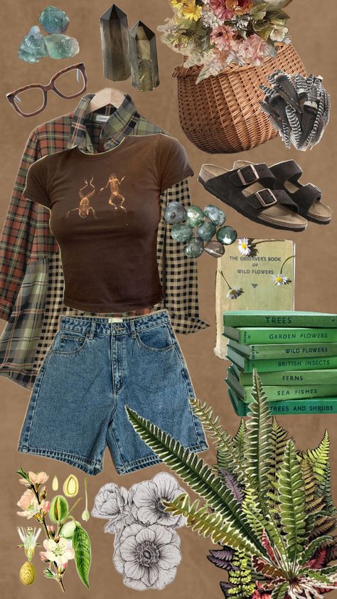 girl who loves nature #crystals #feathers #books #frog #skeleton #outfit #nature #flannel #foraging #eco Botany Aesthetic Outfit, Frog And Toad Aesthetic Outfits, Frog And Toad Aesthetic, Frog Skeleton, Skeleton Outfit, Nature Crystals, Fresh Outfits, Frog And Toad, Nature Themed