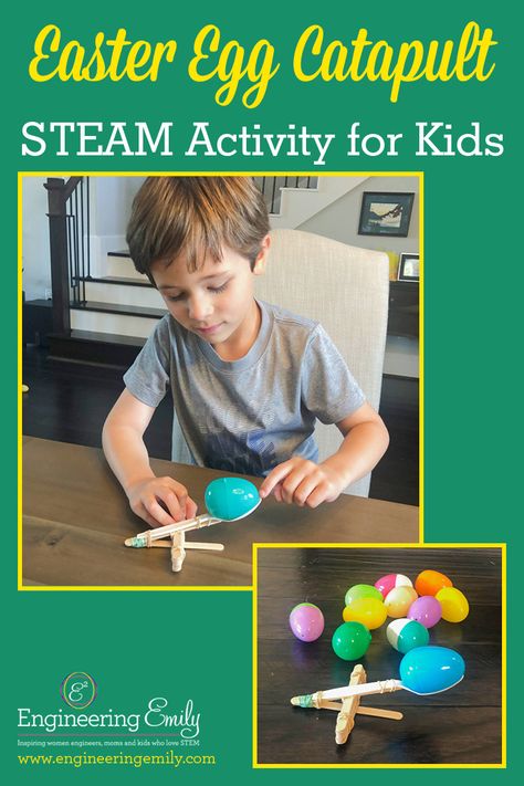 Easter Egg Catapult | STEAM Activity for Kids - Engineering Emily Easter Egg Catapult, Egg Catapult, Easter Steam, Egg Parachute, Easter Stem Challenge, Easter Stem, Steam Activity, Easter Week, Stem Challenge