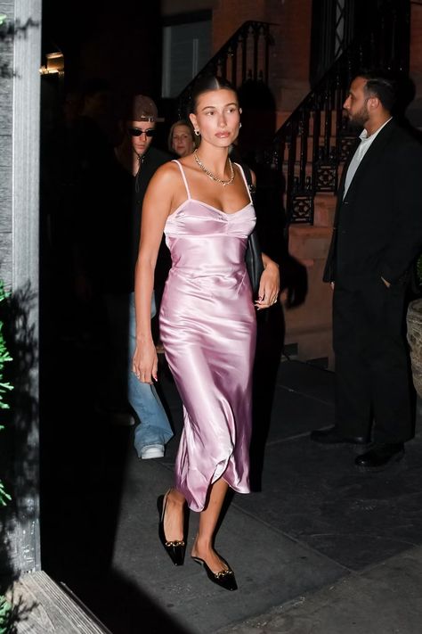 Hailey Bieber's Pink Slip Dress Is Peak ’90s Lingerie Dressing Hailey Bieber Dress, Haley Bieber, Pink Dress Outfits, Neon Prom Dresses, Slip Dress Outfit, Hailey Bieber Style, Hailey Baldwin Style, Pink Slip Dress, Halter Style Dress