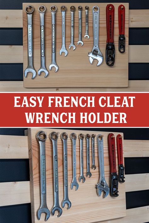 Wrenches hanging from a french cleat holder French Cleat Screwdriver Holder, Cleat Storage, French Cleat Storage, Wrench Holder, Wrench Organizer, Garage Tool Storage, Adjustable Wrench, French Cleat, Antique Tools