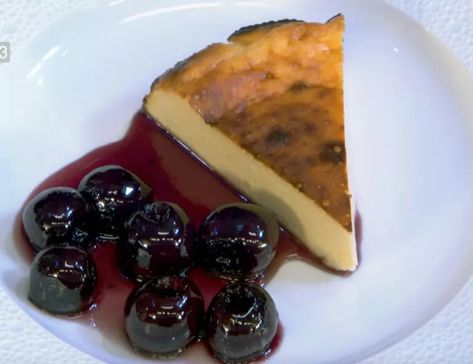 Baked Cheesecake with Cherries - James Martin Chef Spanish Cheesecake Recipe, Baked Cheese Cake, James Martin Recipes, Spanish Cheese, Comfort Food Desserts, Dinner Party Dishes, Dinner Party Desserts, Baked Cheesecake, Spanish Recipes