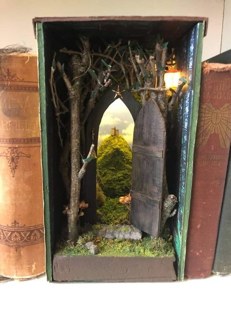 Miniature Forest Scene, Book Nook Diorama Diy, Book Nook Garden, Outlander Book Nook, Fairy Book Nook Diy, Lord Of The Rings Book Nook, Craft Journal Ideas, Diorama Library, Diroma Ideas