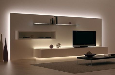 Lumistrips Cove lighting with LED strips: HOW TO Tv Wall Decor, Tv Wall Unit, Tv Wall Design, Living Room Tv Wall, Lounge Room, Living Room Tv, Tv Room, Design Living, Design Case