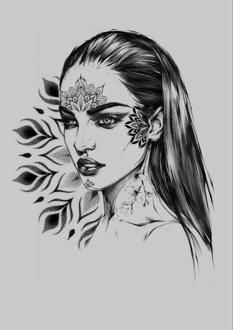 Women Face Tattoo Design, Woman Face Tattoo Design Drawings, Mandala Face Tattoo, Mandala Dotwork Tattoo Design, Face Mandala, Girls Sketch, Mandela Tattoo, Dotwork Mandala, Face Tattoos For Women