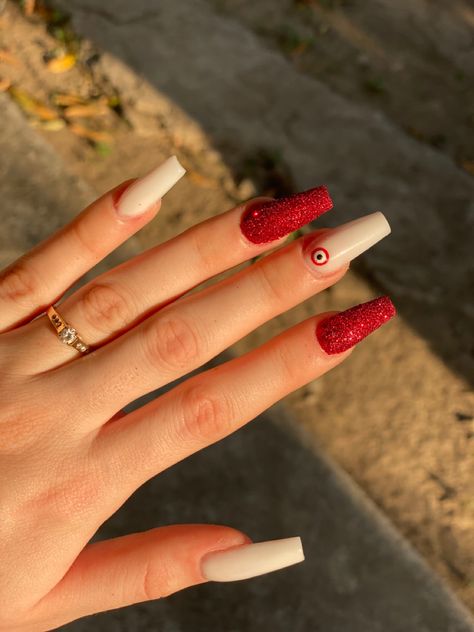 Evil Eye Nails Red, Red Evil Eye Nails, Red Evil Eye, Evil Eye Nails, Eye Nails, Silver Eye, Heart Eyes, Nail Decorations, Red Nails