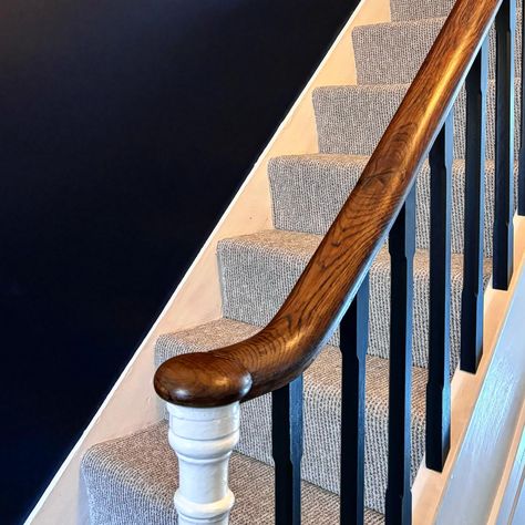 I’ve been restoring a Victorian terrace recently in the fabulous Poets Corner in Hove. Unfortunately the spindles were unsafe and had to be replaced but stripping back the handrail and adding some oil has really brought these stairs back to life. I can’t wait to share the finished result with you all! Huge thanks to @mjb_propmaint_ and @smart_craft_carpentry_ for the amazing work as always. Spindles are Lamp Black by @littlegreenepaintcompany Walls are Dock Blue by @littlegreenepaintcom... Wood Banister, Stair Spindles, Painted Stairs, Victorian Terrace, Lamp Black, Back To Life, Black Lamps, Life I, Carpentry