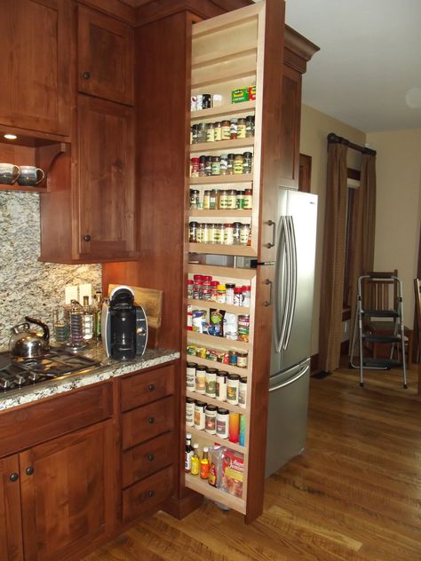 Hidden Spice Rack For Kitchen Pull Out Spice Rack Next To Fridge, Hidden Spice Rack, Refrigerator Cabinet Surround, Construction Planning, Spice Cabinet Organization, Inside Kitchen, Pull Out Spice Rack, 1970s Kitchen Remodel, Cabinet Spice Rack