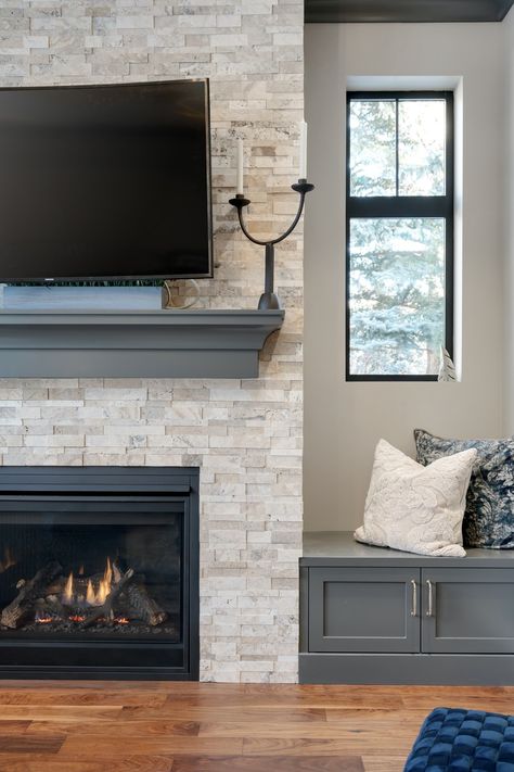 Fireplace Built Ins Windows, Stone Fireplace With Bench Seating, Stone Fireplace Floor To Ceiling With Built Ins, Floor To Ceiling Stone Fireplace, Fireplace Built Ins With Windows, Windows By Fireplace, Fireplace With Windows On Each Side, Stone Fireplace With Built Ins, Stone Fireplace Floor To Ceiling