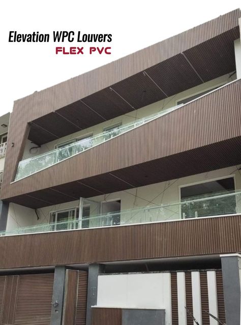 Elevation WPC Louvers Rafters for Exterior & Outdoor use Wpc Louvers Exterior Elevation, Residential Elevations, Pvc Louvers, Wpc Louvers, Garden Ceiling, Ceiling Bathroom, Spc Flooring, House Interior Design Styles, Pvc Wall Panels