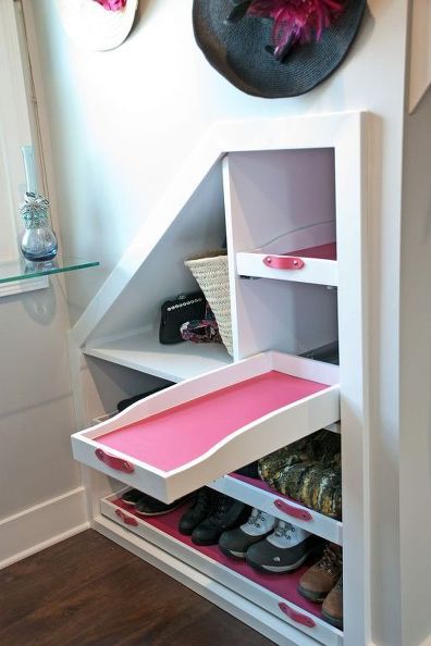 Built-in storage complete with pull-out drawers offers a place to tuck away shoes, purses, and other items that never seem to have a home. Pink vinyl lining protects the shelves from getting dirty or scratched. See more at Uniquely Yours... or Mine! » Apartment Shoe, Dormer Window, Luxury Vinyl Tile Flooring, Closet Renovation, Closet Remodel, Wall Closet, Dormer Windows, Diy Simple, Attic Bedroom