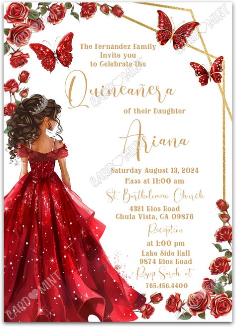 Quinceanera Red Theme Ideas, Red 15 Invitations, Quinceañera Decorations Ideas Red, Red Floral Centerpieces For Party, Red Quinceanera Invitations Ideas, Red And White Sweet 16 Theme, Red Themed Sweet 16, December Quinceanera Themes, Rose Themed Quinceanera