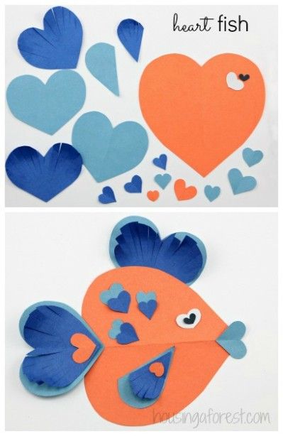 Lots of Heart Shaped Animal ideas ~ simple Valentines Day craft Fish Craft, Paper Fish, Construction Paper Crafts, Preschool Valentines, Valentine Crafts For Kids, Fish Crafts, Valentines Art, Valentines Day Activities, Paper Heart