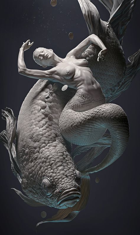 Mermaid Artwork Fantasy, Fish Fin, Mermaid Sculpture, Mermaid Statues, Water Drawing, Fairy Artwork, Marvelous Designer, Mermaid Scales, Creepy Art