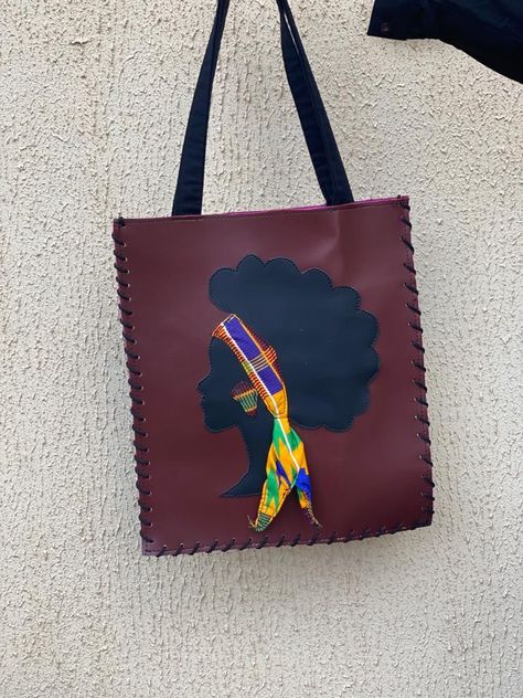 Tote bag, African print bags, simple bags African Leather Bags, Ankara Tote Bag, Tote Bag Design Ideas, Lady Silhouette, Map Tote Bag, Bag Design Ideas, Ankara Bags, Coconut Shell Crafts, African Bag