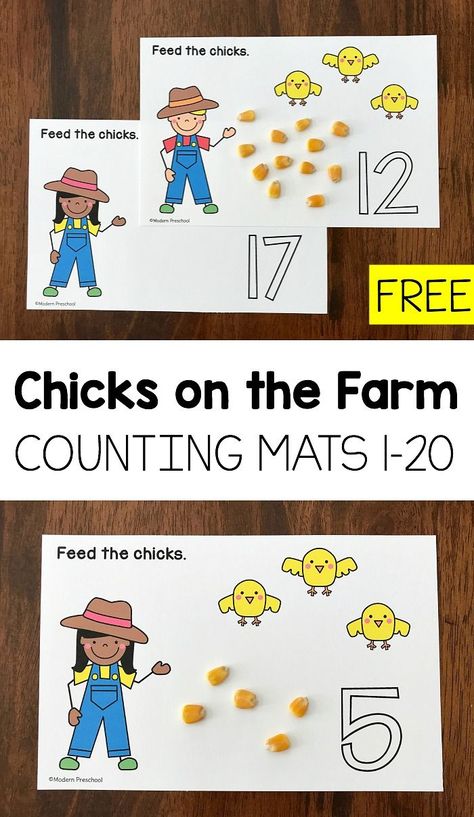 Feed the Chicks on the Farm! A great way to review counting this fall from 1-20 with preschool and kindergarten kids!  #fallunit #farmunit Farm Math Activities, Farm Math, Farm Activities Preschool, Farm Animals Preschool, Farm Lessons, Counting Mats, Farm Animals Activities, Farm Theme Preschool, Farm Animal Crafts