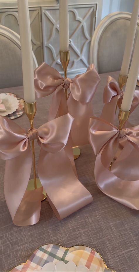 Pink And Beige Birthday Party, Pink Bday Decorations Aesthetic, Bridgerton Party Balloons, Pink Vintage Bridal Shower Ideas, Bow On Candlestick, Brides House Decoration Wedding, Pink Bridal Shower Ideas Bows, Bridal Shower Dinner Table Decor, Classy Pink Bridal Shower Ideas