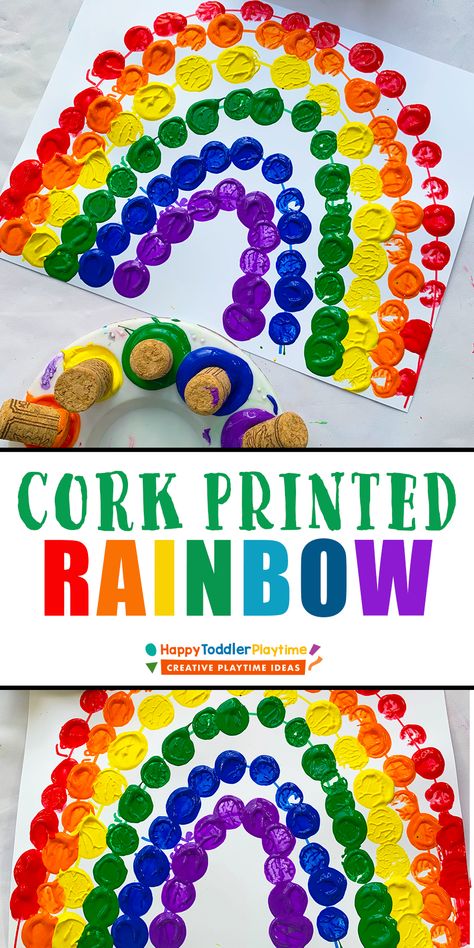 Easy Cork Printed Rainbow Craft - HAPPY TODDLER PLAYTIME Prek Crafts Easy Spring, Rainbow Painting Preschool, Preschool Crafts Colors, Rainbow Easy Craft, Prek Rainbow Crafts, Rainbow Crafts For One Year Olds, Rainbow Activities Preschool Printables, Prek Rainbow Activities, Rainbow Preschool Activities Free Printables