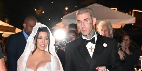 See Kourtney Kardashian's Black Wedding Dress From Reception Kim Kardashian Wedding Dress, Kim Kardashian Wedding, Kardashian Wedding, Royal Wedding Dress, Travis Barker, Catholic Wedding, Gorgeous Wedding Dress, Kris Jenner, Blink 182