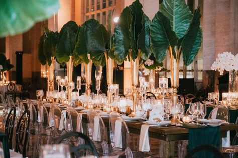 wedding-reception-emerald-green-color-palette-long-table-ghost-chair-with-elephant-ears-orchids Emerald Color Palette, Emerald Green And Gold, Elegant Modern Wedding, Wedding Notes, Romantic Candlelight, Elegant Wedding Reception, Gold Color Palettes, Wedding Inside, Wedding Tent