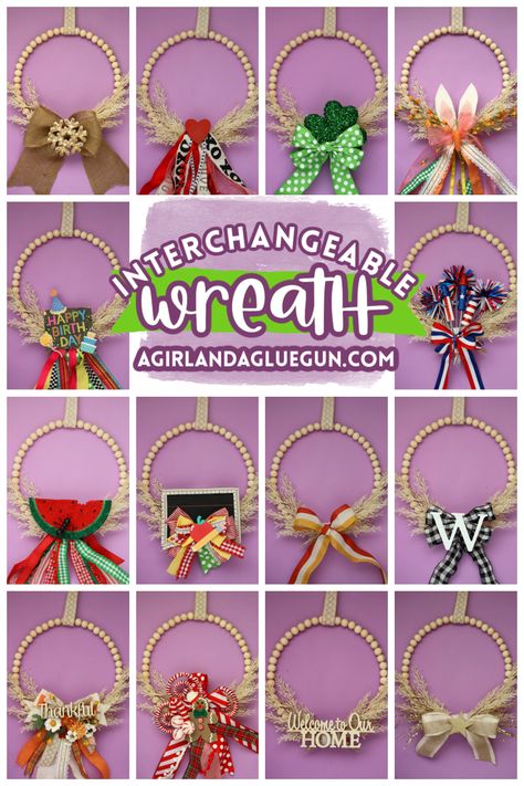 Why have 12 different wreaths when you can have 1 DIY interchangeable wreath? Head to @hobbylobby and grab all the supplies to make the coolest new wreath for your front porch! #HobbyLobby, #HobbyLobbyFinds, #ad Wreath With Changeable Seasons, Interchangeable Wreath Seasons, Wreath For Front Door Everyday, Interchangeable Wreath, Enchanted Library, Crochet Ornament Patterns, Crochet Wreath, Lamp Diy, Wreath Project