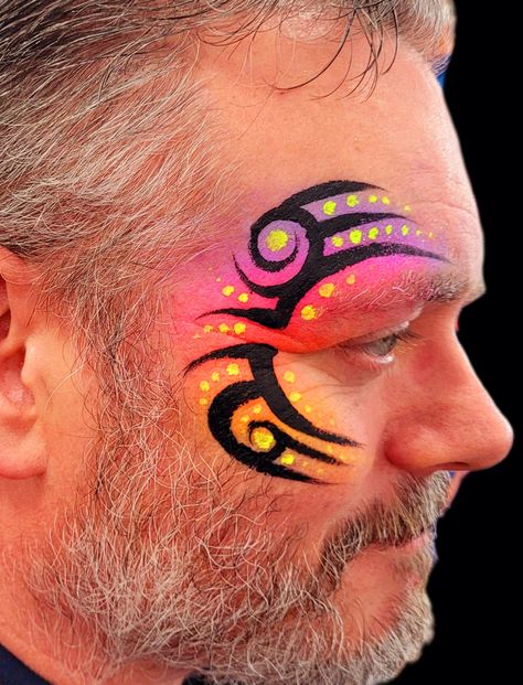 When they want the tyson tattoo but tarted up version😁 Men Face Painting, Festival Face Paint Ideas, Eye Design Face Paint, Full Face Painting, Face Painting For Adults, Character Face Paint, Disco Face Paint, Face Painting Adults, Neon Face Paint Ideas