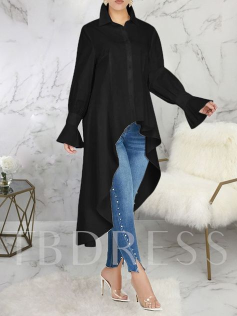 Plain Lapel Long Sleeve Fashion Women's Blouse Shirt Collar Styles, High Low Shirt, Mid Calf Dresses, Fashion Cap, Gathered Sleeves, Mid Dresses, High Low Hem, Colorful Fashion, Black Blouse